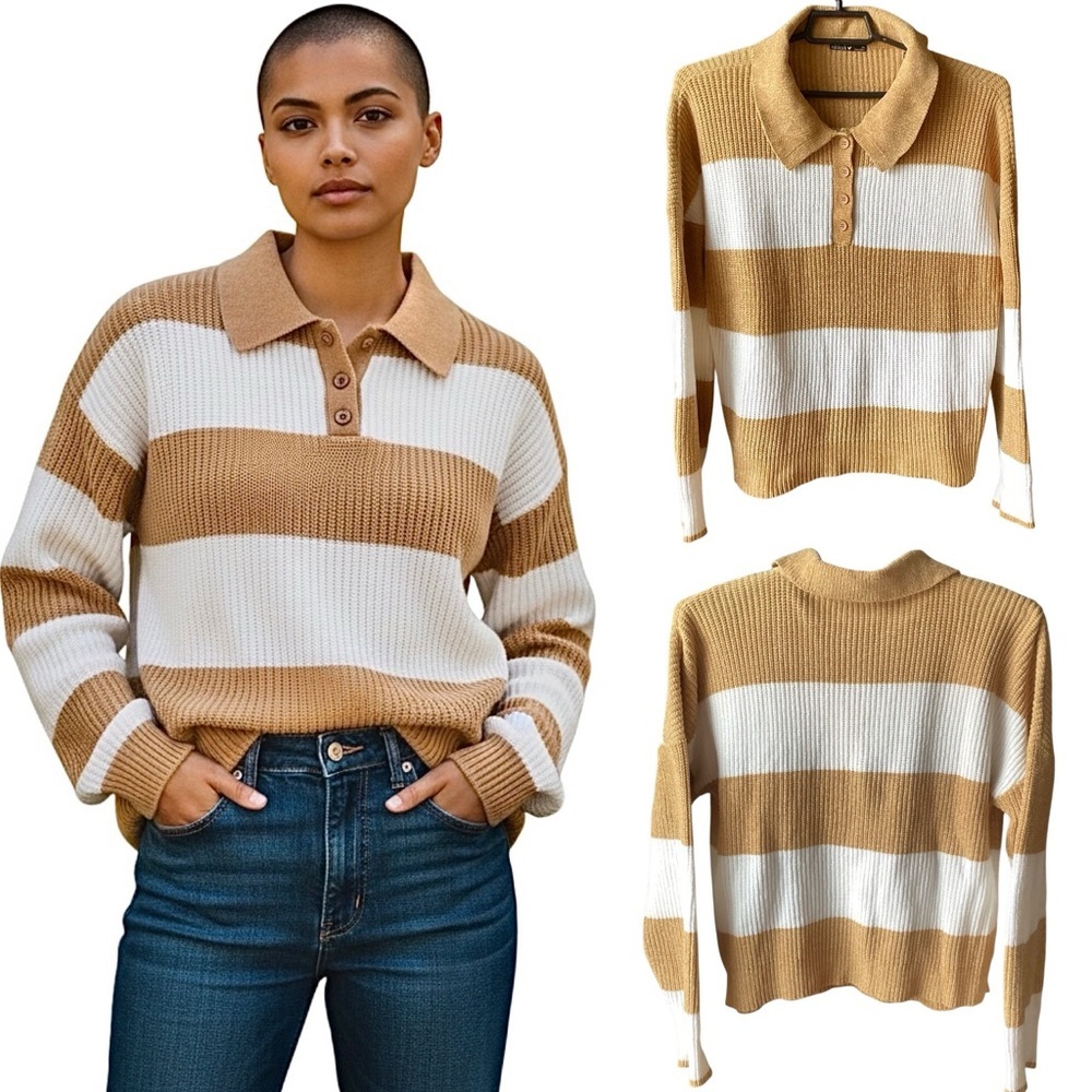 Nikka K Tan & White Striped Knit Sporty Sweater 1/4 Zip Polo Style Women’s Sz XL